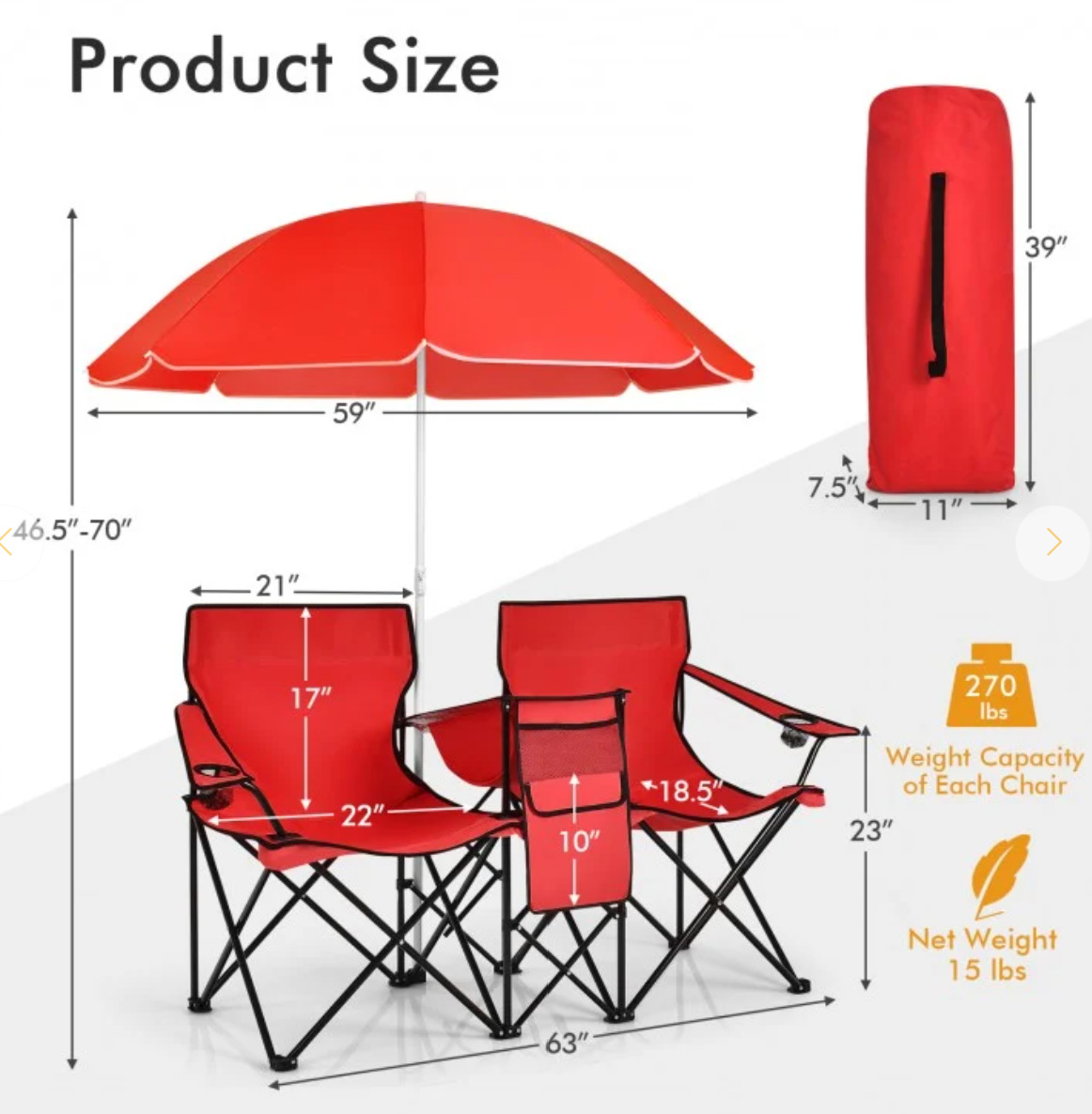Camping-Doppelstuhl klappbar mit Sonnenschirm, Rot
