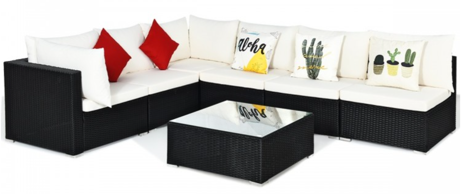 Lounge-Set 7-teilig aus Polyrattan mit Glastisch, Beige