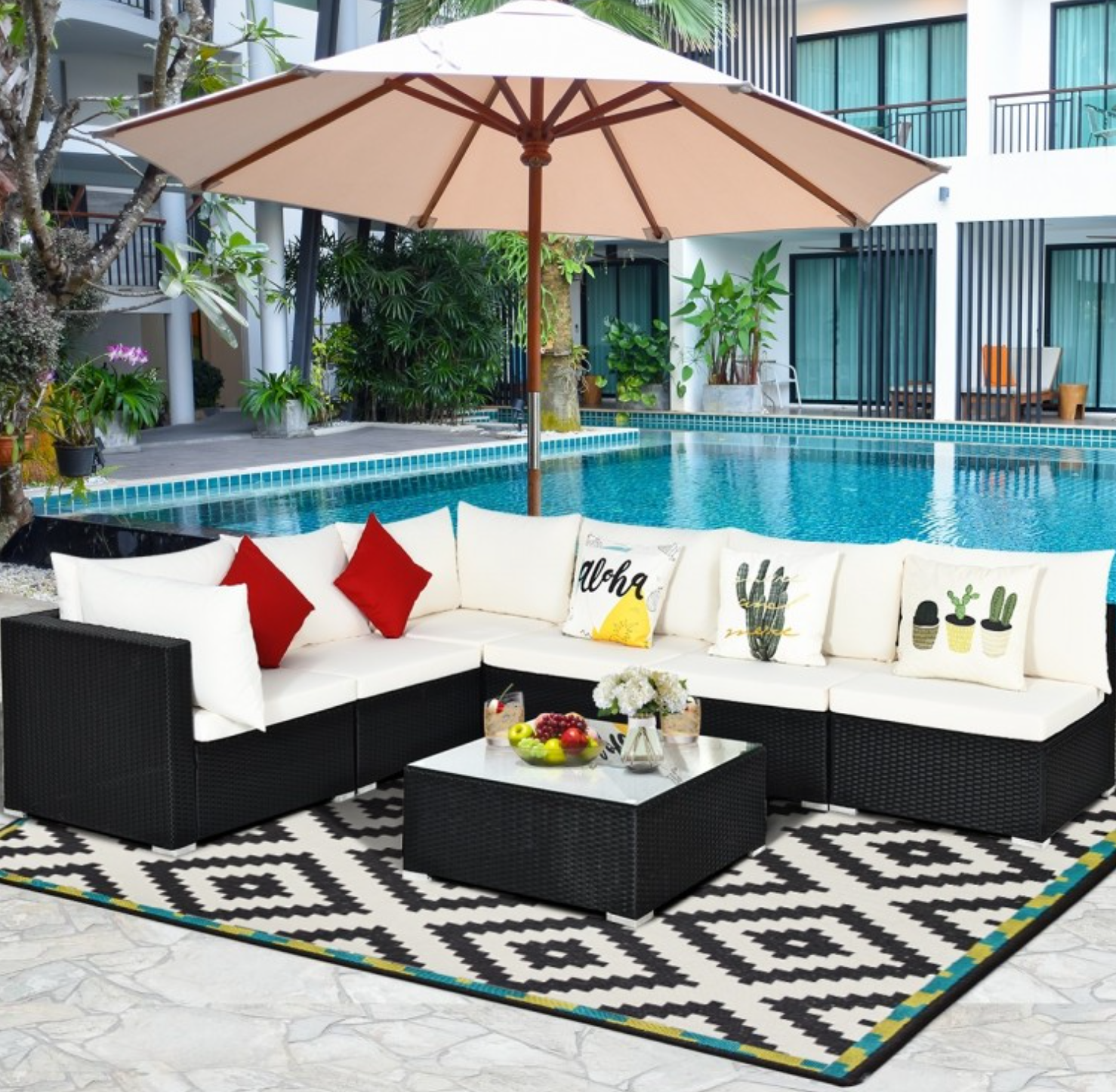 Lounge-Set 7-teilig aus Polyrattan mit Glastisch, Beige